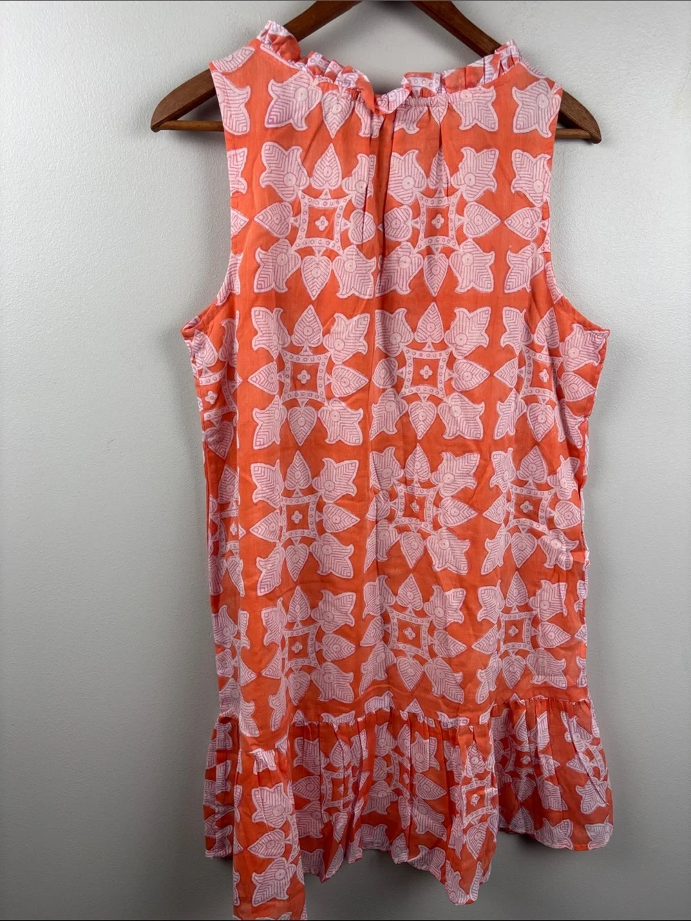Oliphant Coral and White Printed Midi Dress sleeveless Large ruffled lined